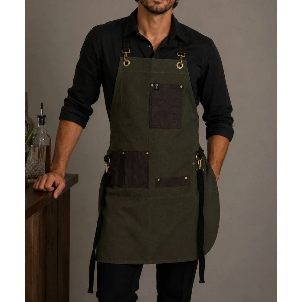 S&R Apron Co. Professional Canvas Leather Work Apron Olive Green Brown Brass